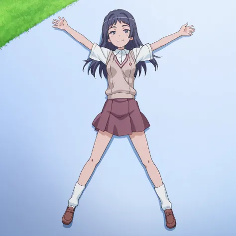 maaya awatsuki \(railgun\), Toaru Kagaku no Railgun & Index anime style, dark blue hair, long hair, bangs, sidelocks, blue eyes, school uniform, skirt, socks, brown footwear, small breasts, anime screencap, high quality, solo, lying, on back, arms up, legs...