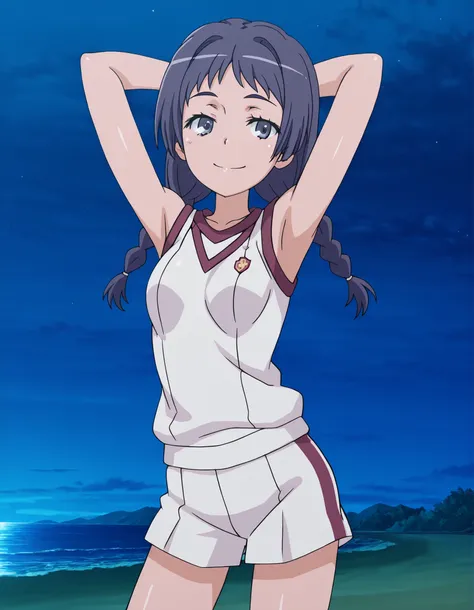 maaya awatsuki \(railgun\), Toaru Kagaku no Railgun & Index anime style, dark blue hair, long hair, braid, twin braids, blue eyes, tokiwadai gym uniform, gym uniform, bare shoulders, sleeveless shirt, white shirt, small breasts, anime screencap, high qual...