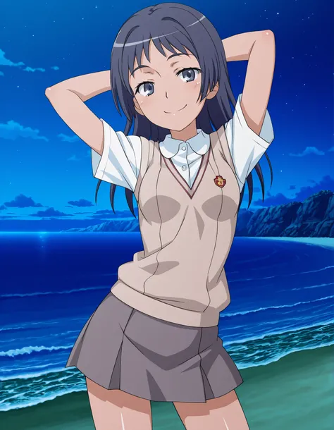 maaya awatsuki \(railgun\), Toaru Kagaku no Railgun & Index anime style, dark blue hair, long hair, bangs, sidelocks, blue eyes, school uniform, skirt, small breasts, anime screencap, high quality, solo, shiny skin, night sky, beach, arms behind head, (co...