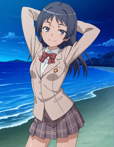 maaya awatsuki \(railgun\), Toaru Kagaku no Railgun & Index anime style, dark blue hair, long hair, bangs, sidelocks, blue eyes, tokiwadai school uniform, winter uniform, red bowtie, brown jacket, dress shirt, white shirt, collared shirt, long sleeves, pl...