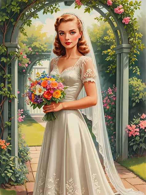 Illustration. Poster art. Pencil drawing.
A pretty 1940s girl in a wedding dress, holding a delicate and colorful posy of flowers. Wearing a veil. Standing beneath an arbor.
<lora:PinupGirl01e_CE_XL_300-OT:0.4> pnpgrlCE_style