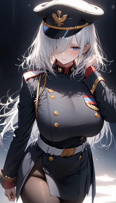 (masterpiece), (Highest quality:1.2), (1girl), alone, (medium hair),(white hair), (straight hair),(hair over face), (hair over one eye), (hair over right eye), (black military uniform), clear blue eyes, detailed eyes, high detail,huge breast, natural light...