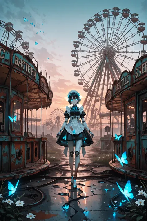 masterpiece, Highest Quality, delicate depiction,  masterpiece, Super Resolution,, Girl-shaped Android , , Clear Artificial Skin, Mechanical structure of joints, Blue Glowing Eyes, short black hair with waist, Delicate fingertips, , Dirty knees, A space wh...