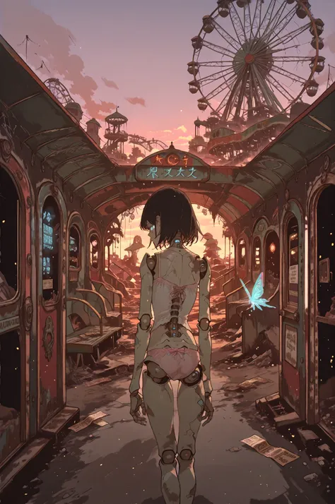 Highest Quality, masterpiece, Super Resolution,, Girl-shaped Android , Wore a White Camisole, light pink underwear, Clear Artificial Skin, Mechanical structure of joints, Blue Glowing Eyes, short black hair with waist, Delicate fingertips, , Dirty knees, R...