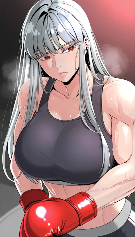 masterpiece,best quality,great quality, 1girl , solo, ihwa, long hair, red eyes, grey hair, (ringed eyes:0.8), sidelocks, colored eyelashes, pink lips,muscle, sweating, large breast, mature female, Musluna, sports bra, boxing gloves