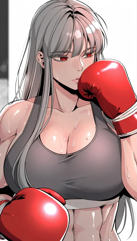 masterpiece,best quality,great quality, 1girl , solo, ihwa, long hair, red eyes, grey hair, (ringed eyes:0.8), sidelocks, colored eyelashes, pink lips,muscle, sweating, large breast, mature female, Musluna, sports bra, boxing gloves