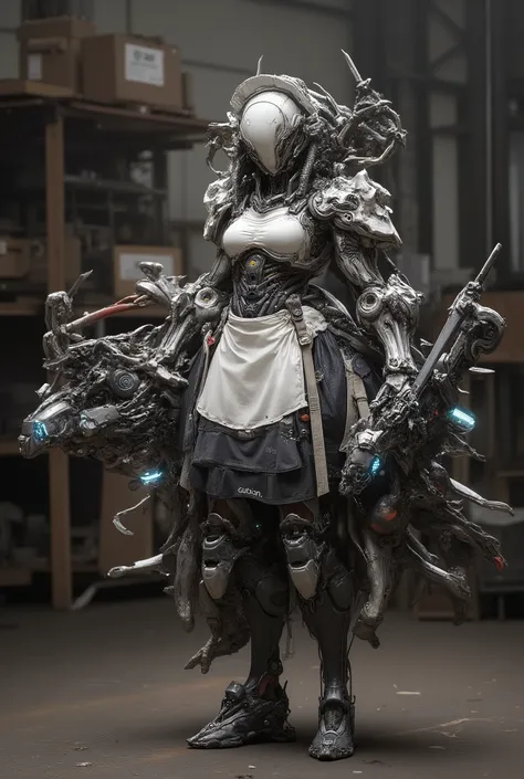 SciFi_mecha,JA,((masterpiece)),((best quality)),((high detail)),((realistic)),
full-body view of a futuristic maid robot, dressed in a hybrid outfit combining a classic maid uniform with mechanical armor and tools, elegant yet functional design, mechanical...