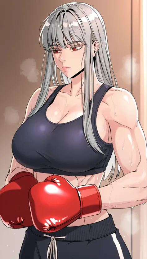 masterpiece,best quality,great quality, 1girl , solo, ihwa, long hair, red eyes, grey hair, (ringed eyes:0.8), sidelocks, colored eyelashes, pink lips,muscle, sweating, large breast, mature female, Musluna, sports bra, boxing gloves