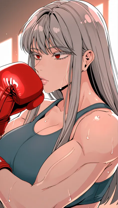 masterpiece,best quality,great quality, 1girl , solo, ihwa, long hair, red eyes, grey hair, (ringed eyes:0.8), sidelocks, colored eyelashes, pink lips,muscle, sweating, large breast, mature female, Musluna, sports bra, boxing gloves