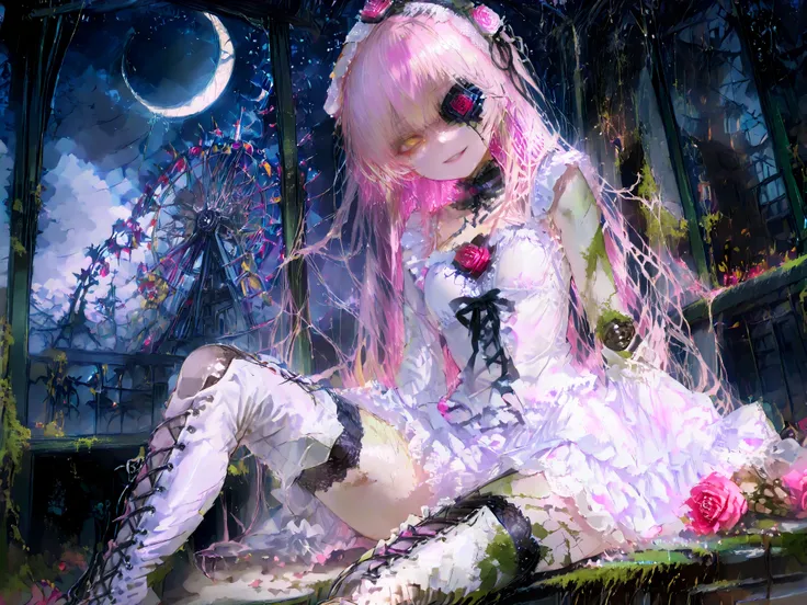 kirakishou \(rozen maiden\) a girl with long, wavy peach blonde and flowers in her hair, wears a white ornately ruffled dress. On her head are two small roses tied to her hair, and she wears tall white boots. facing the viewer with her yellow eyes looking ...