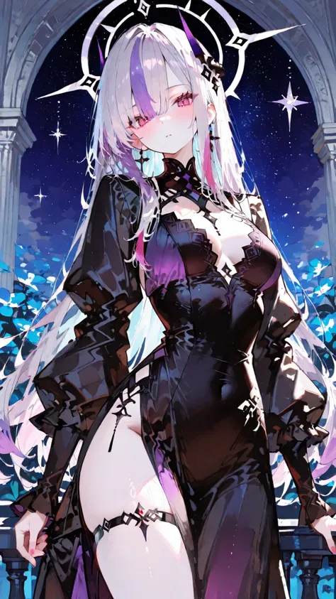 A cinematic animation-style illustration in Mochizuكi Kei style, تنظيف وتنقية الظل. /ك.s†
A princess with deep blacك and darك red-purple two-tone hair, wearing a flowing darك dress and slightly tattered elegant accessories, standing on a shadowy hill overl...