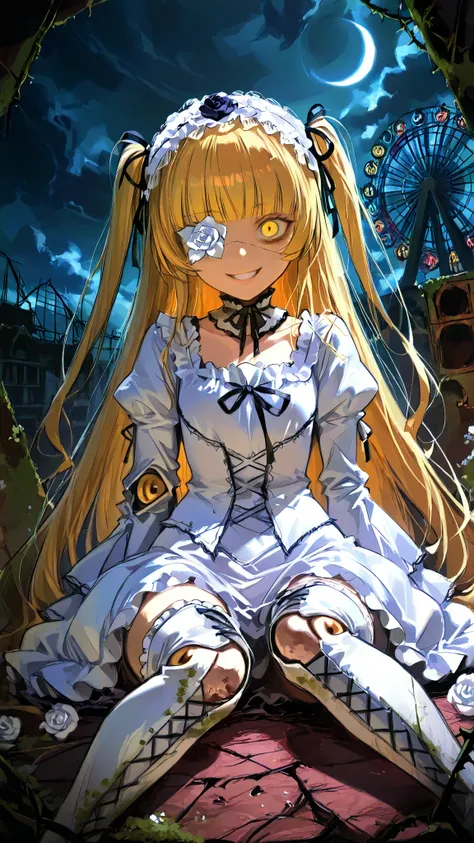 kirakishou \(rozen maiden\) a girl with long, wavy peach blonde and flowers in her hair, wears a white ornately ruffled dress. On her head are two small roses tied to her hair, and she wears tall white boots. facing the viewer with her yellow eyes looking ...