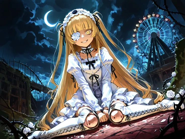 kirakishou \(rozen maiden\) a girl with long, wavy peach blonde and flowers in her hair, wears a white ornately ruffled dress. On her head are two small roses tied to her hair, and she wears tall white boots. facing the viewer with her yellow eyes looking ...