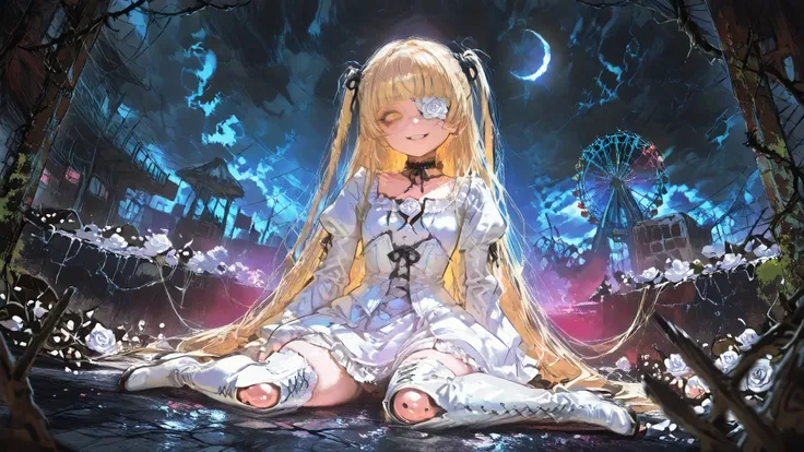 kirakishou \(rozen maiden\) a girl with long, wavy peach blonde and flowers in her hair, wears a white ornately ruffled dress. On her head are two small roses tied to her hair, and she wears tall white boots. facing the viewer with her yellow eyes looking ...