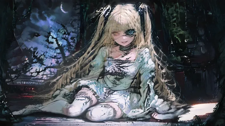 kirakishou \(rozen maiden\) a girl with long, wavy peach blonde and flowers in her hair, wears a white ornately ruffled dress. On her head are two small roses tied to her hair, and she wears tall white boots. facing the viewer with her yellow eyes looking ...