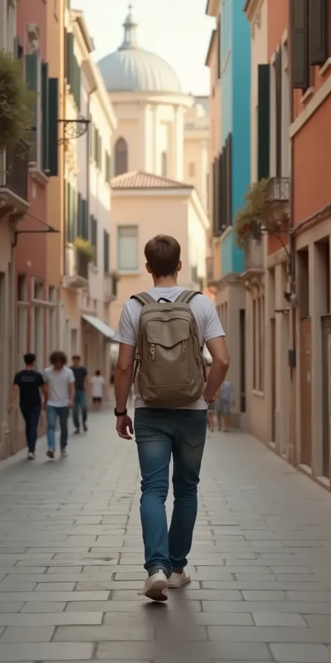 Venetian Streetscape,One person travel,Backpacker,front, male,1man,on,Full Body,dynamic,beautiful,beautiful,colorful,live-action,realistic,safe content (masterpiece, 最High Quality, High Quality, detailed background, complicated details,complicated,ultra hi...