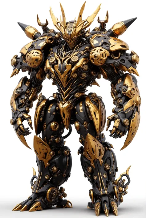AICyber_Machine,MechaII style,JA,((masterpiece)),((best quality)),((high detail)),((realistic)),
full-body view of a futuristic lion robot, mechanical armor and tools, gold body, mechanical arms with wrenches and gears, metallic textures, standing, white b...