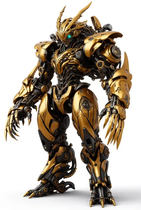 AICyber_Machine,MechaII style,JA,((masterpiece)),((best quality)),((high detail)),((realistic)),
full-body view of a futuristic lion robot, mechanical armor and tools, gold body, mechanical arms with wrenches and gears, metallic textures, standing, white b...
