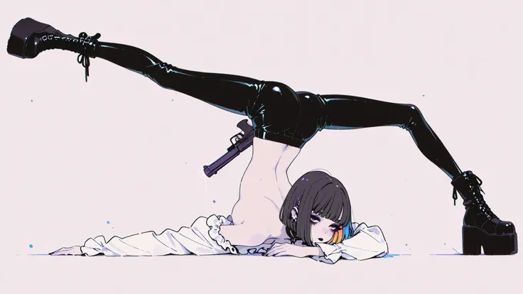 nsfw,topless,bluenipple,bluelip,((high angle)) Pale skin goth girl, bicolor hair bob cut, gothic makeup, white blouse, black latex pants , platform boots, very long and stylized legs, dynamic pose, Aim with a gun that holds his hand. textured white backgro...