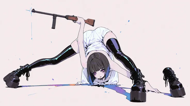 nsfw,topless,bluenipple,bluelip,((high angle)) Pale skin goth girl, bicolor hair bob cut, gothic makeup, white blouse, black latex pants , platform boots, very long and stylized legs, dynamic pose, Aim with a gun that holds his hand. textured white backgro...