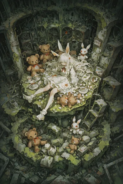 Artistic Expression, Comic horror,  surreal depiction , An abandoned amusement park where time seems to have stopped, Playground equipment covered in rust and moss, A teacup ride that rotates unnaturally, Movements that seem to have a will of their own, A ...