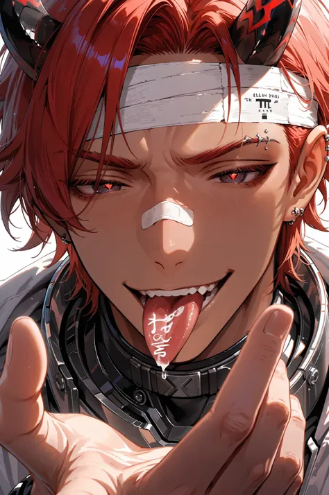 eye_focus, Txt2Img top quality, anatomically correct, very well detailed, 1man, adult_male, close_up, portrait, red_hair, blue_irises, red_pupils, red_eyelashes, eyebrow_slit, silver_eyebrow_piercing, silver_simple little sphere_piercing_on tongue, white_n...