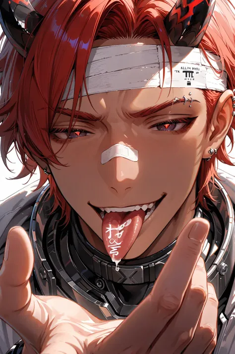 eye_focus, Txt2Img top quality, anatomically correct, very well detailed, 1man, adult_male, close_up, portrait, red_hair, blue_irises, red_pupils, red_eyelashes, eyebrow_slit, silver_eyebrow_piercing, silver_simple little sphere_piercing_on tongue, white_n...