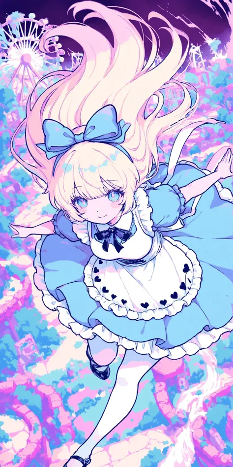 Amusement Park,ruins,dark vibe,android woman,1girl,merry-go-round,,Alice in Wonderland Outfit,ribbon on head,Smile Yan,pastel color,Action,dynamic,anime,masterpiece,Highest Quality,Great Quality,very beautiful,Newest,