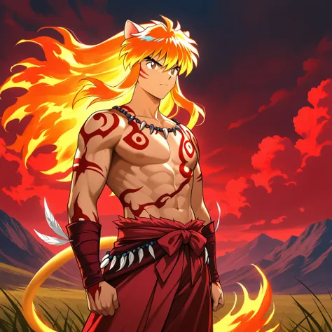 Anime-style illustration of a 19-year-old Inuyasha with leonine features. He has long, fiery orange lion-like hair and lion ears and tail. His skin is light, with tribal tattoos on his arms and chest. He wears a traditional Red Clouds war shirt, decorated ...
