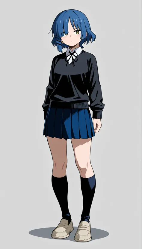 ((Highest Quality)), ((Simple Light Grey background)), (My Hero Academia Style), 1female, female, standing, (Full Body), (Yamada Ryo), school uniform outfit, school uniform, black sweater,