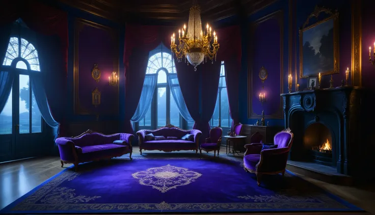 A luxurious Victorian-style room, dimly lit at night, illuminated by moonlight streaming through tall windows draped with red curtains. The atmosphere is mysterious and elegant, with a purple velvet sofa, ornate gilded decorations, antique chandeliers, and...