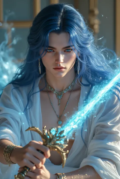 Very long blue wavy hair、Very big light blue eyes、Light blue eyebrows 、gorgeous, very wide, big magic sword、men have impressive, large, and light blue eyes、Smooth, silky skin with a thin jaw、gorgeous male fantasy costume、gorgeous necklace、gorgeous earrings...