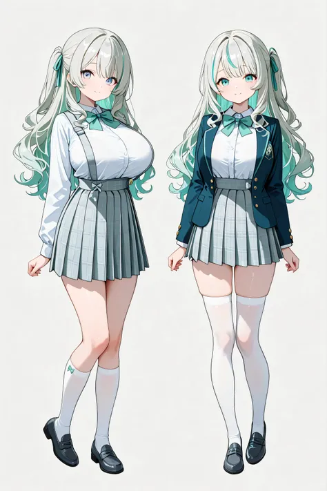 Full body shot, beautiful young woman, standing, 3/4 pose, with an hourglass figure. She has long wavy hair, pale blue-green pastel streaks in her hair, and matching pale blue-green ribbon/bow details in her outfit. Her skin tone is fair. She wears a detai...