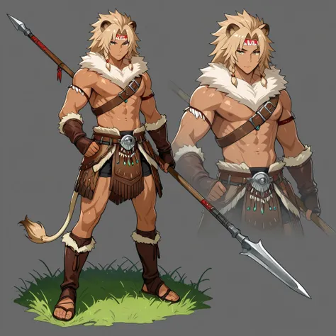 "A young man warrior Dothraki man with semihuman features, ears and lion's tail anime style., 19 years old, athletic body lenses , tanned skin, long voluminous sand-blond hair braided with beads and leather straps. He wears Native American-style tanned lea...