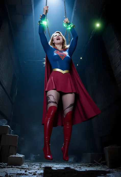 Melissa Benoist as Supergirl, the Supergirl is hanging to the ceiling with chains, she is hanging her wrists to the ceiling with a green luminous handcuff, a lot of chains tied her wrists together, painful face, extremely pain, She is wearing a Supergirl c...