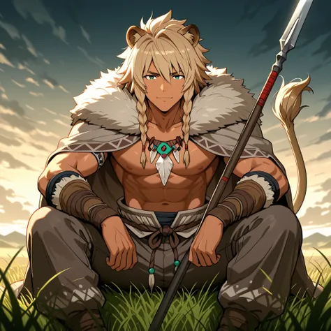 "A young man warrior Dothraki man with semihuman features, ears and lion's tail anime style., 19 years old, athletic body lenses , tanned skin, long voluminous sand-blond hair braided with beads and leather straps. He wears native-American style clothing, ...