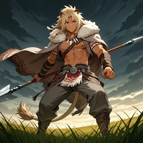 "A young man warrior Dothraki man with semihuman features, ears and lion's tail anime style., 19 years old, athletic body lenses , tanned skin, long voluminous sand-blond hair braided with beads and leather straps. He wears native-American style clothing, ...