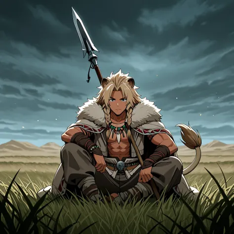 "A young man warrior Dothraki man with semihuman features, ears and lion's tail anime style., 19 years old, athletic body lenses , tanned skin, long voluminous sand-blond hair braided with beads and leather straps. He wears native-American style clothing, ...