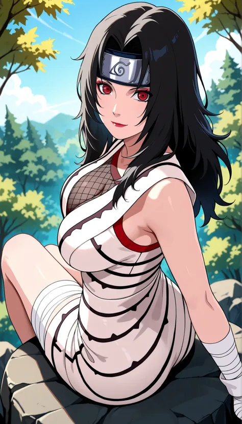 best quality, amazing quality, very aesthetic, absurdres,cowboy shot,1girl, solo,kurenai,black hair,long hair,red eyes,big breasts,makeup,forehead protector,bandaged arm,bandages,fishnet top,asymmetrical clothes,single sleeve,forest,blue sky,looking at vie...