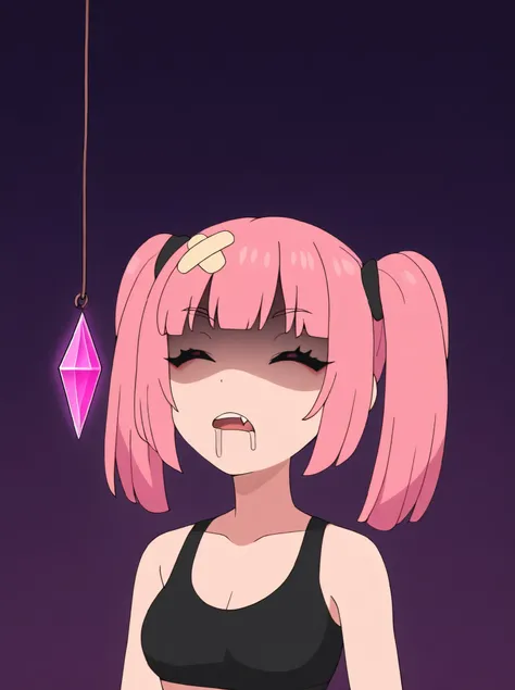 masterpiece, best quality, amazing quality, very aesthetic, absurdres, newest, simple background,  dark purple background, angomegavoltage, 1girl, bandaid on head, pink hair, solo, twintails, bangs, fang, upper teeth only, black bra, bare shoulders, upper ...
