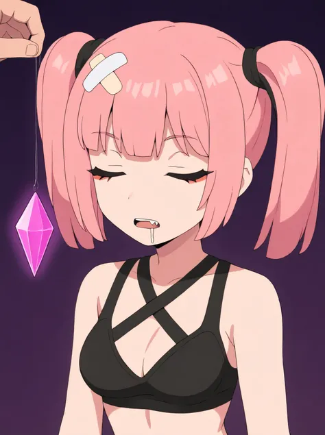 masterpiece, best quality, amazing quality, very aesthetic, absurdres, newest, simple background,  dark purple background, angomegavoltage, 1girl, bandaid on head, pink hair, solo, twintails, bangs, fang, upper teeth only, black bra, bare shoulders, upper ...