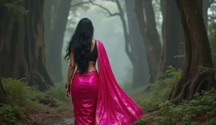 Full hd image of a indian 25 years old girl wearing pink shimmer saree black blouse walking in a scary ancient forest back view 