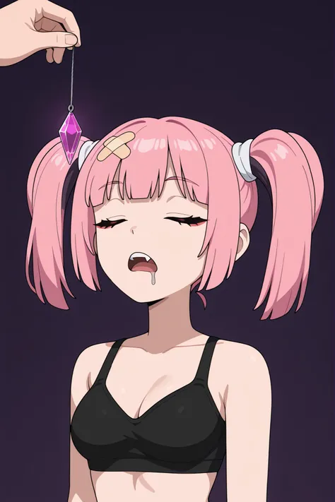 masterpiece, best quality, amazing quality, very aesthetic, absurdres, newest, simple background,  dark purple background, angomegavoltage, 1girl, bandaid on head, pink hair, solo, twintails, bangs, fang, upper teeth only, black bra, bare shoulders, upper ...
