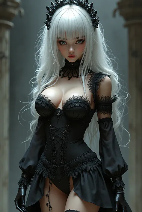 Girl with white hair wearing a spider themed maid outfit wearing black gloves, has massive  boobs and a massive ass