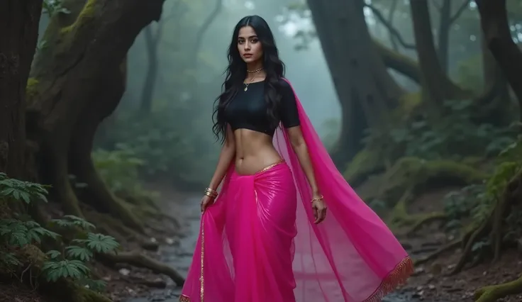 Full hd image of a indian 25 years old girl wearing pink shimmer saree black blouse walking in a scary ancient forest back view 