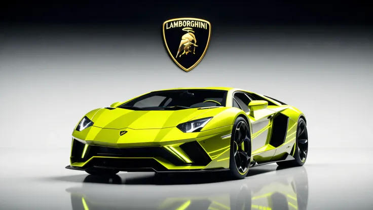 (((Lamborghini Aventador emblem top center)))
Conceptual rendering of the Lamborghini Aventador. Cinematic lighting with hyper-realalistic style, moody ambient shadows, and fluorescent yellow color . Aggressive low-slung supercar body with detailed side...