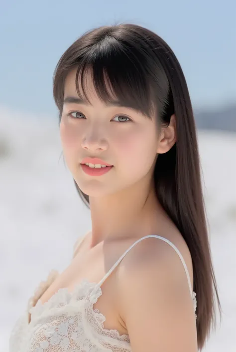 (masterpiece, Highest Quality:1.2), sunny snowy field、womanhood、from the front, beautiful girl with a pretty face, Age 15, Blushing fair skin、Moist and shining eyes、shiny black hair、smooth fair skin、Sensual Expression、Picture above the shoulder 、Realistic、...