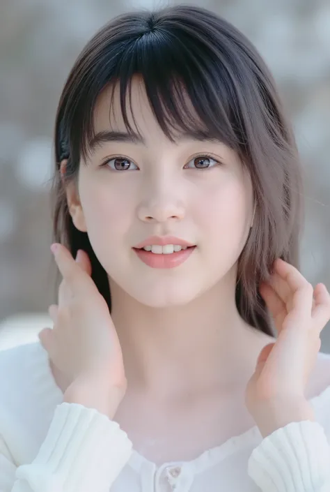 (masterpiece, Highest Quality:1.2), sunny snowy field、white women、from the front, beautiful girl with a pretty face, Age 15, Blushing fair skin、Moist and shining eyes、shiny black hair、smooth fair skin、 One ear sticking out、Sensual facial expressions、Pictur...