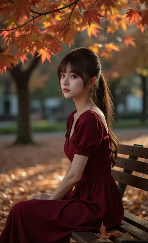 lens, a dramatic photo of a young woman in a dark red dress sitting on a wooden bench amid falling maple leaves., Light and shadow contrast clearly, High contrast color scheme, Cinematic composition, taken with a Leica SL2 and a 50mm f/0.95