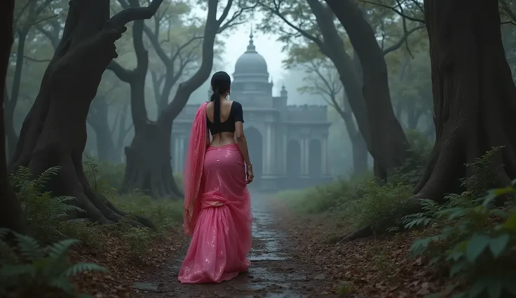 Full hd image of a indian 25 years old girl wearing pink shimmer saree black blouse walking in a scary ancient forest towards a scary palace walking in front of palace back view 